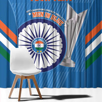 Blue curtain close-up with India cricket emblem, tricolor diagonal stripes, and bold custom text