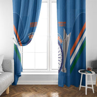 Blue window curtain pair with India cricket emblem and tricolor stripes, showing customizable text