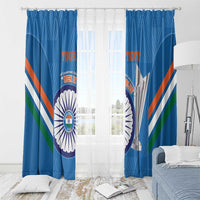 Blue curtain pair with India cricket emblem, tricolor stripes, and centered custom text blocks