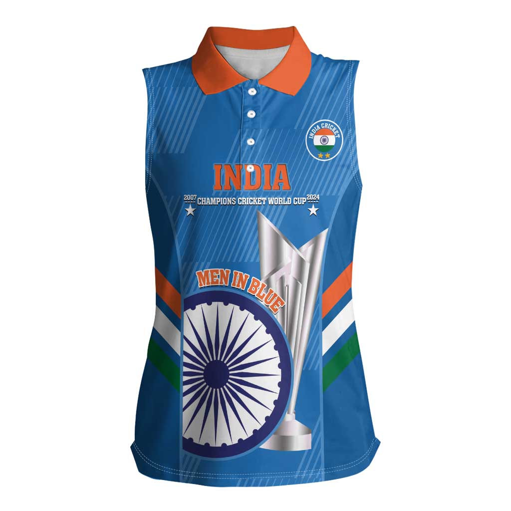 Custom India Cricket Women Sleeveless Polo Shirt 2nd Champions World Cup Men In Blue