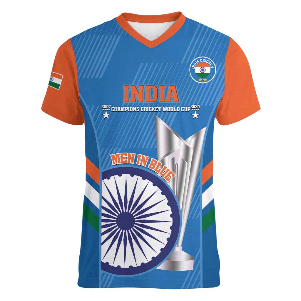 Custom India Cricket Women V-Neck T-Shirt 2nd Champions World Cup Men In Blue