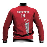 Red baseball jacket back with text and 14, England graphic, striped cuffs