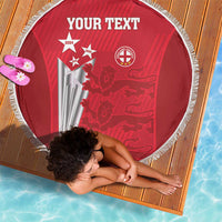 Red round beach blanket with white fringe, custom text and England emblem graphic