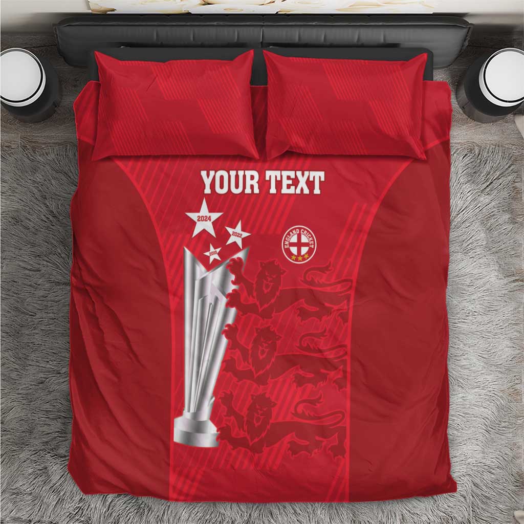 Red cricket bedding set with 2 pillows and duvet, “YOUR TEXT” trophy graphic and crest