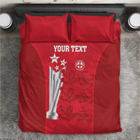 Red cricket bedding set with 2 pillows and duvet, “YOUR TEXT” trophy graphic and crest