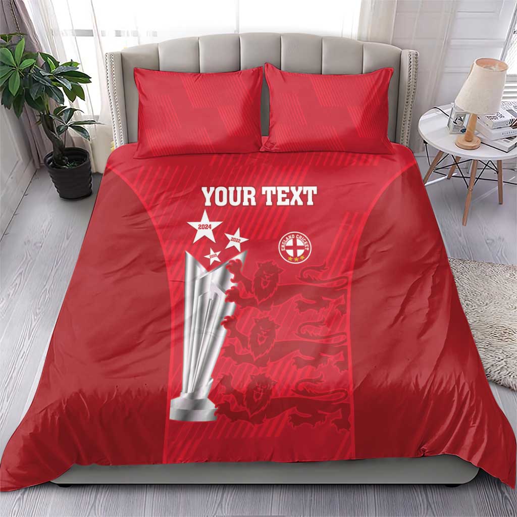 Red cricket-themed bedding set with 2 pillows and duvet, trophy graphic and “YOUR TEXT”