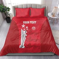 Red cricket-themed bedding set with 2 pillows and duvet, trophy graphic and “YOUR TEXT”