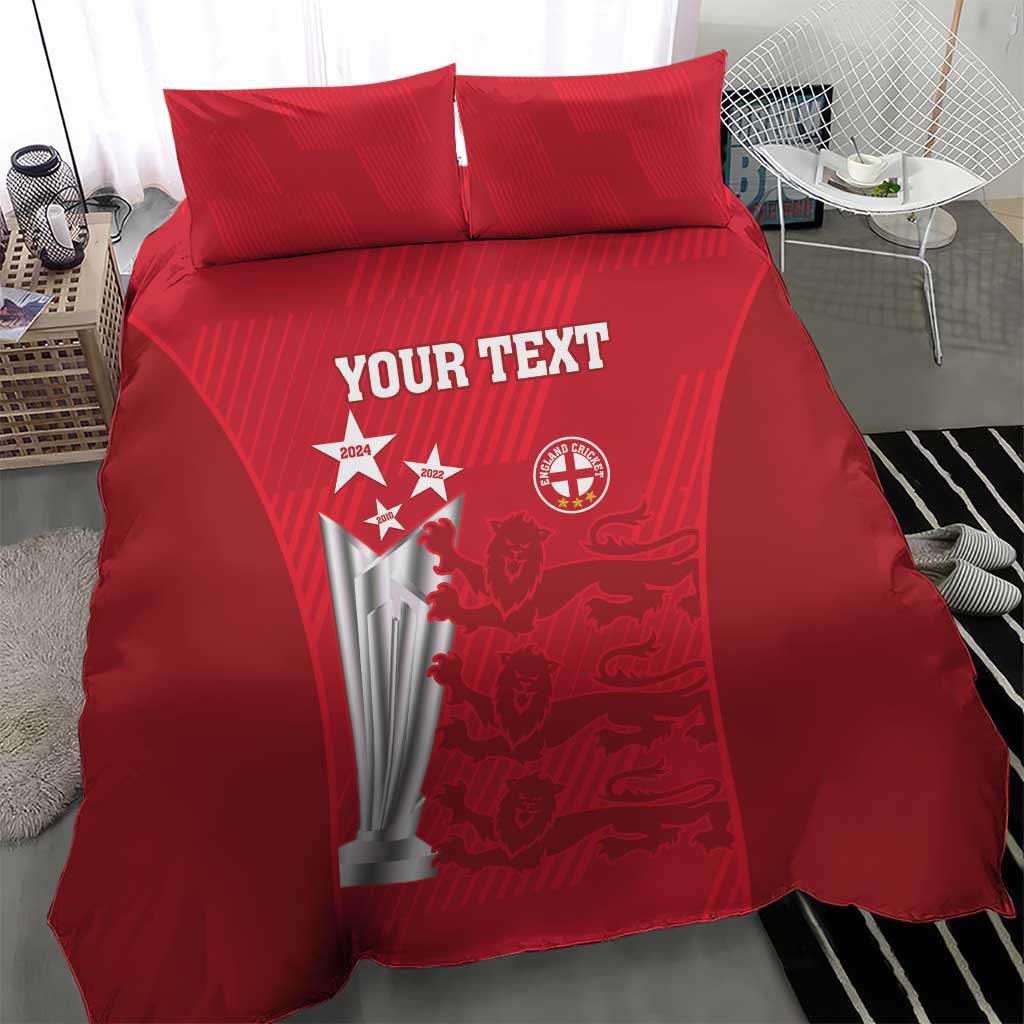 Red cricket bedding set with 2 pillows and duvet, trophy print and “YOUR TEXT”