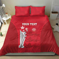Red cricket bedding set with 2 pillowcases and duvet, “YOUR TEXT” trophy and crest print