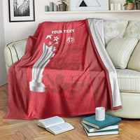 Red cricket blanket with trophy, badge logos, and 'YOUR TEXT' print