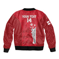 Red unisex bomber jacket, back print with YOUR TEXT 14, trophy and stars, black rib trim