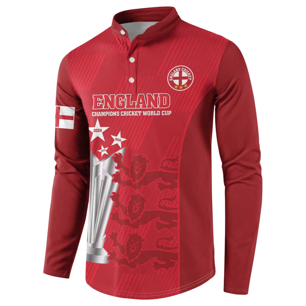 Red England cricket button sweatshirt with ENGLAND graphic, world cup emblem, polo collar