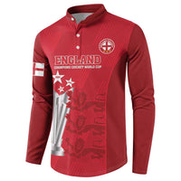 Red England cricket button sweatshirt with ENGLAND graphic, world cup emblem, polo collar