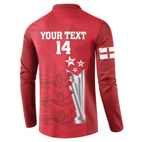 Red cricket button sweatshirt back with YOUR TEXT 14, and flag-style sleeve patch