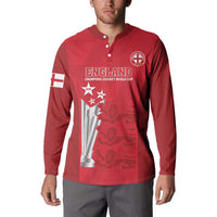Red England cricket button sweatshirt with ENGLAND graphic, world cup badge, flag sleeve