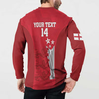 Red cricket button sweatshirt back with YOUR TEXT 14 and flag-style sleeve patch