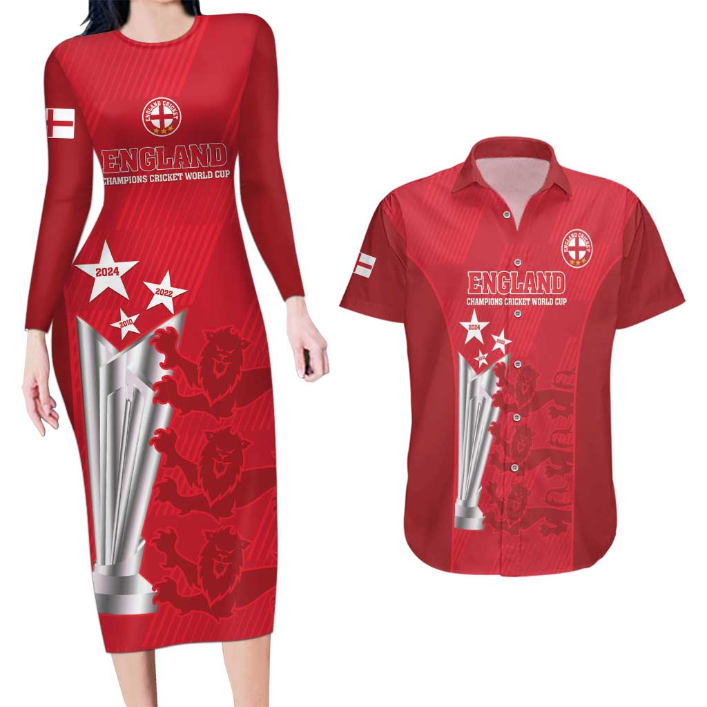 Custom England Cricket Couples Matching Long Sleeve Bodycon Dress and Hawaiian Shirt 3rd Champions World Cup Proud - Wonder Print Shop