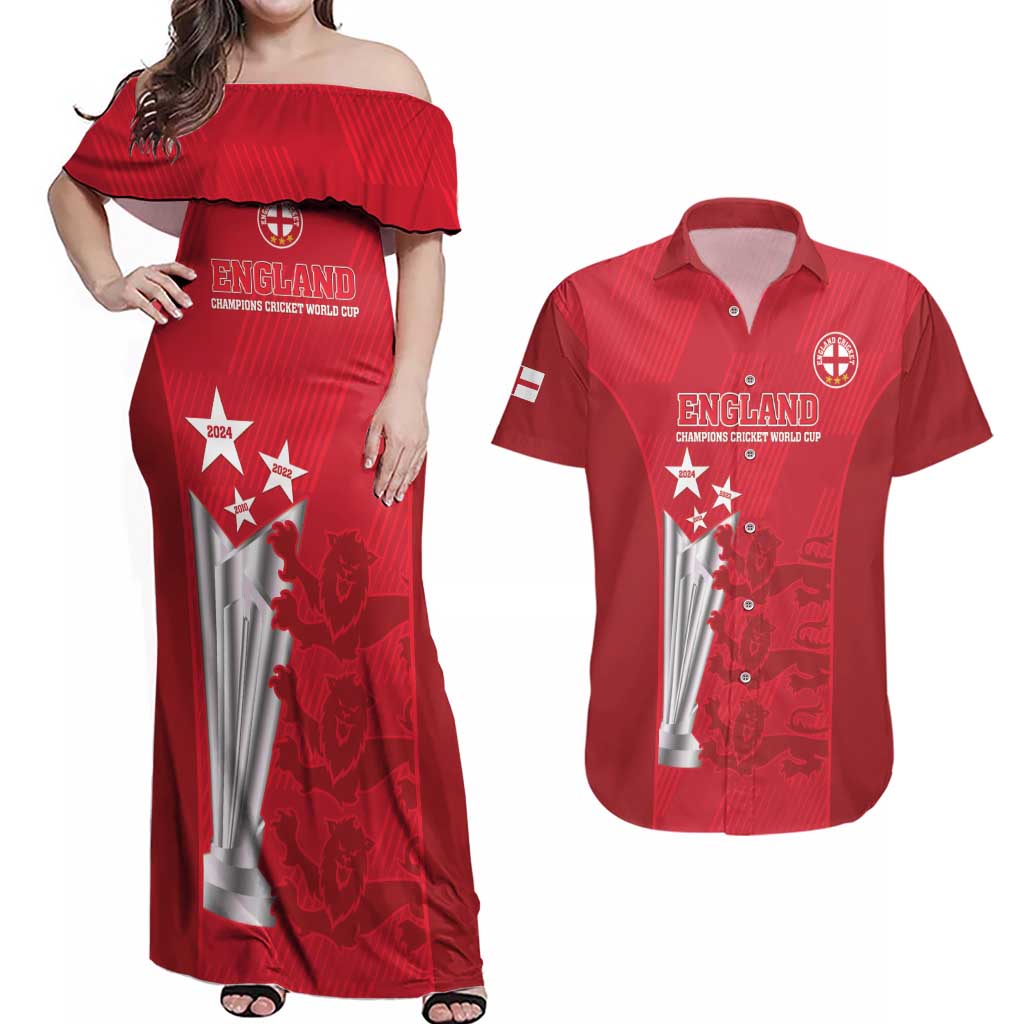 Custom England Cricket Couples Matching Off Shoulder Maxi Dress and Hawaiian Shirt 3rd Champions World Cup Proud - Wonder Print Shop