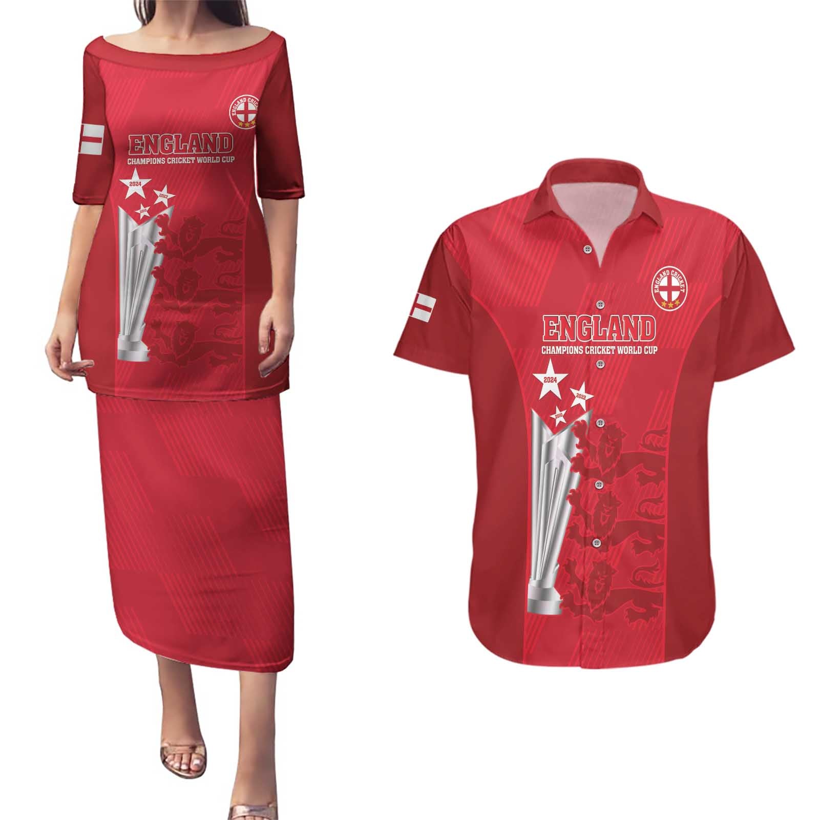 Custom England Cricket Couples Matching Puletasi and Hawaiian Shirt 3rd Champions World Cup Proud - Wonder Print Shop