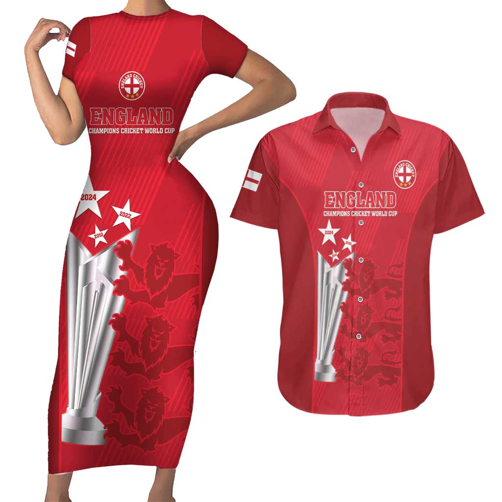 Custom England Cricket Couples Matching Short Sleeve Bodycon Dress and Hawaiian Shirt 3rd Champions World Cup Proud - Wonder Print Shop