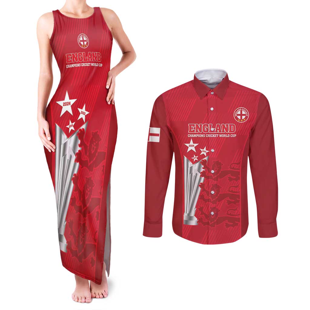 Custom England Cricket Couples Matching Tank Maxi Dress and Long Sleeve Button Shirt 3rd Champions World Cup Proud - Wonder Print Shop