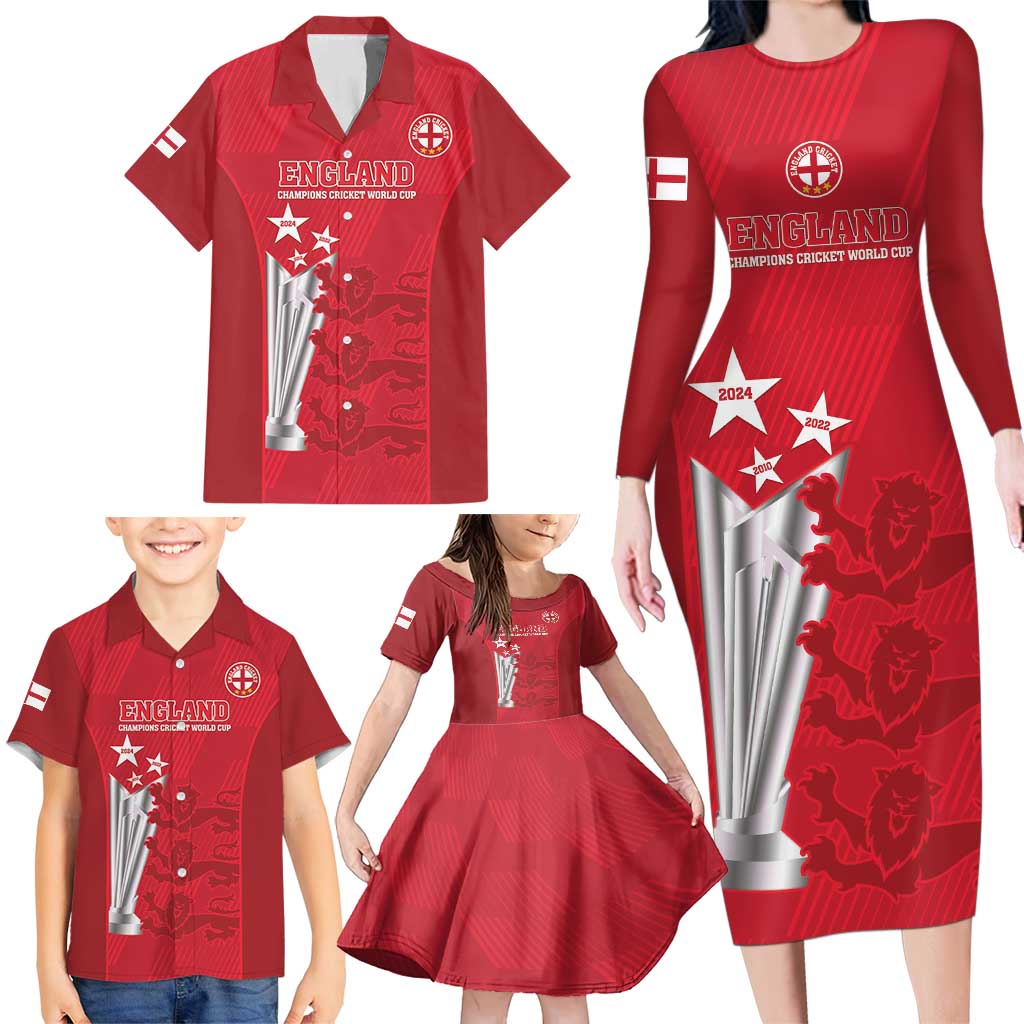 Custom England Cricket Family Matching Long Sleeve Bodycon Dress and Hawaiian Shirt 3rd Champions World Cup Proud - Wonder Print Shop