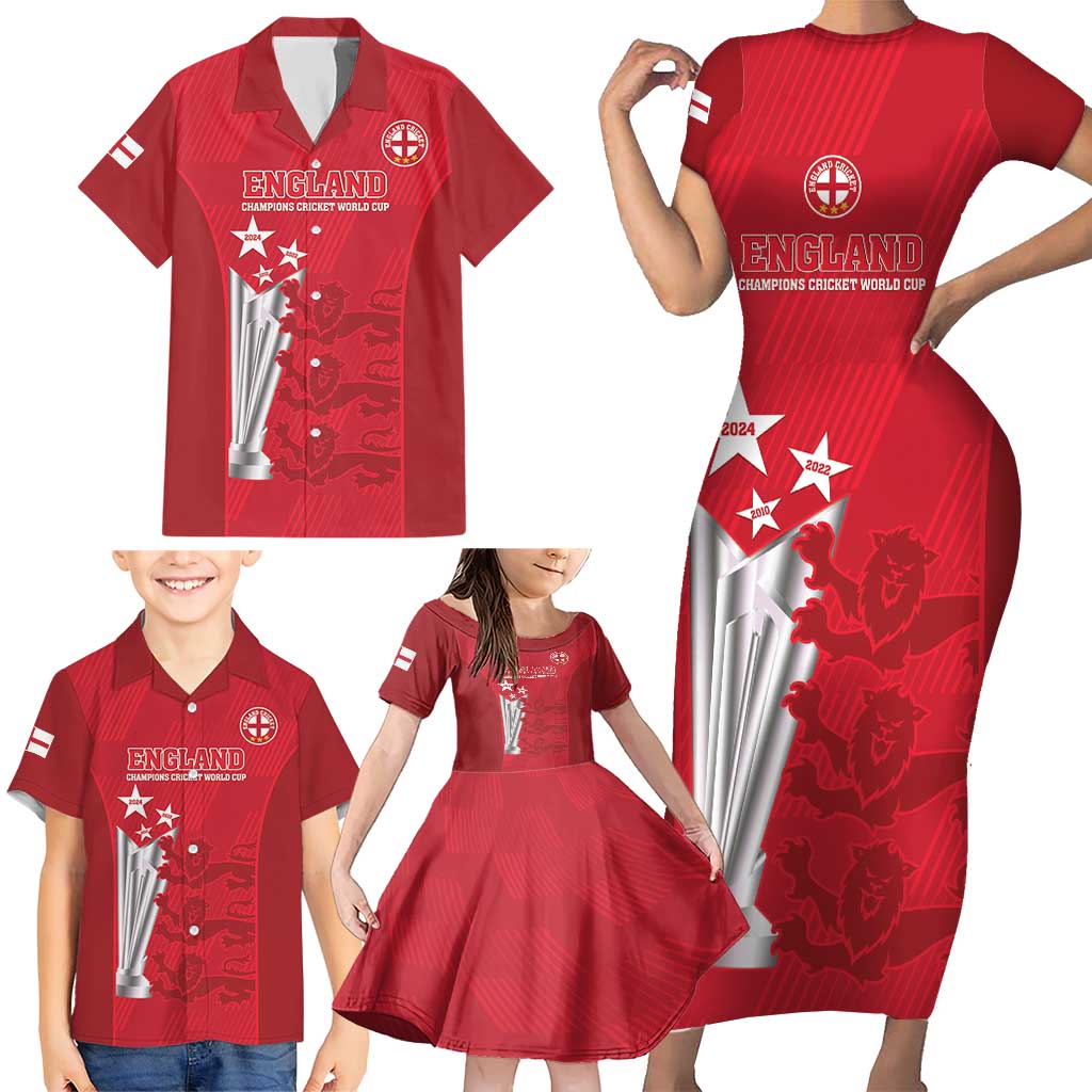 Custom England Cricket Family Matching Short Sleeve Bodycon Dress and Hawaiian Shirt 3rd Champions World Cup Proud - Wonder Print Shop