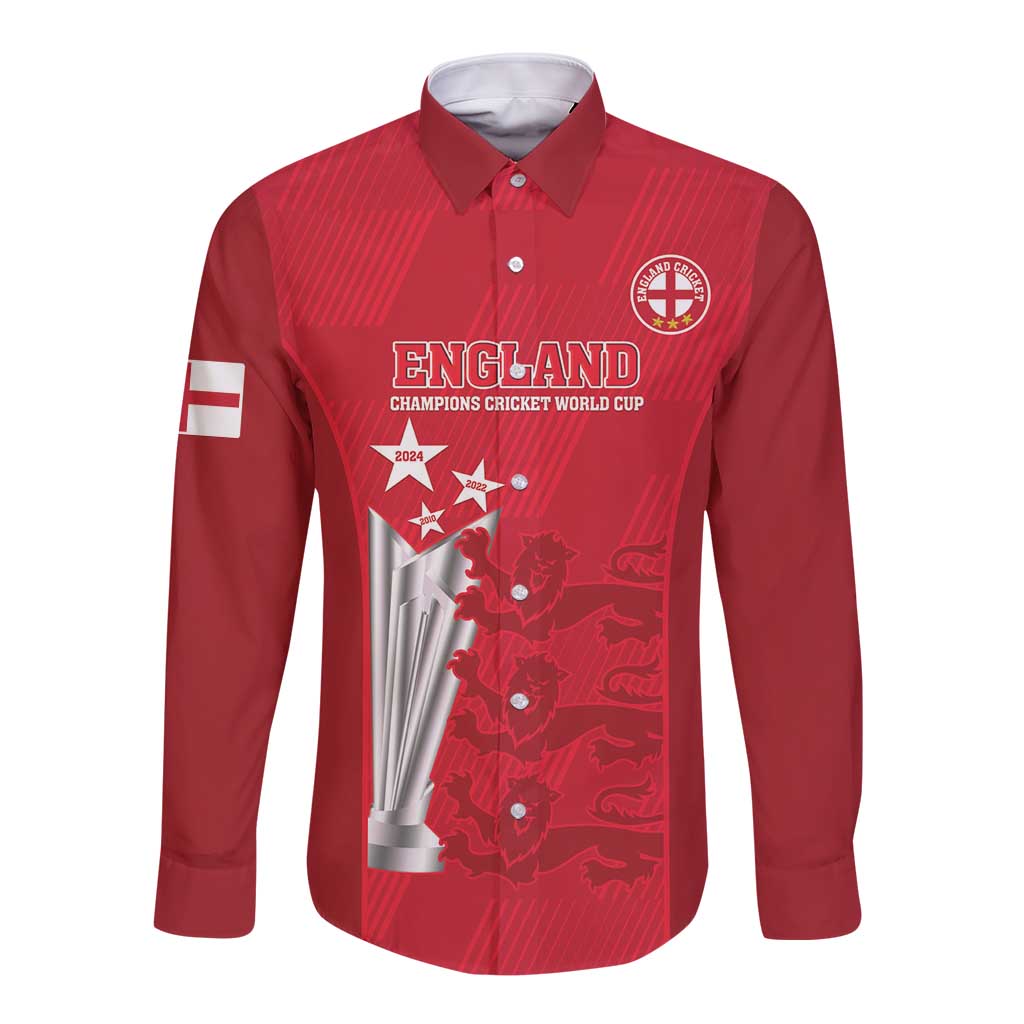 Red long-sleeve button cricket shirt with front crest and England graphic