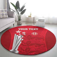 Red round carpet featuring 'YOUR TEXT' text, silver bat, and England crest