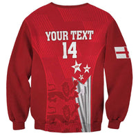 Red crewneck sweatshirt with YOUR TEXT 14 and England crest graphic on back
