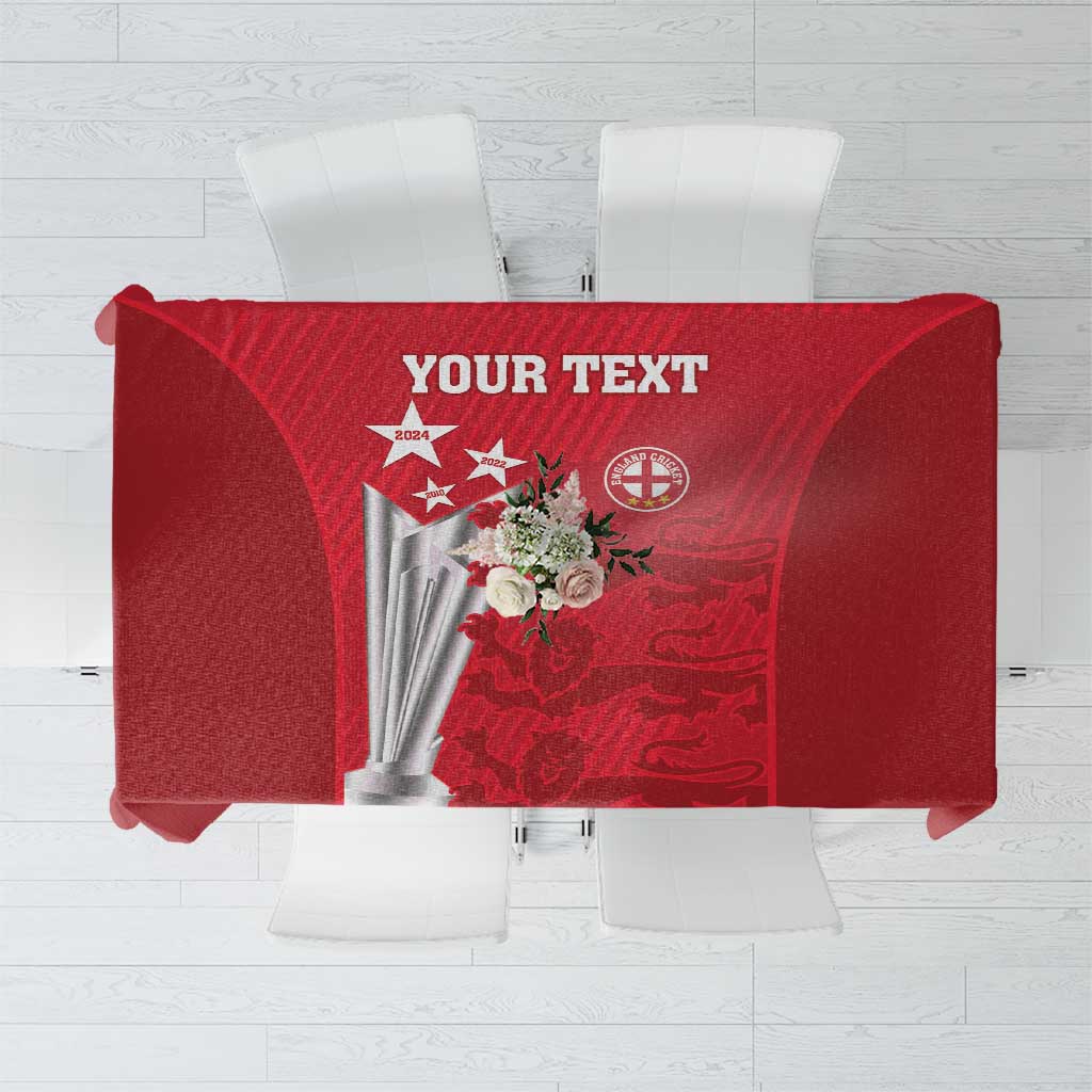 Red tablecloth with custom text and cricket emblem, fully printed front