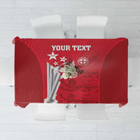 Red tablecloth with custom text and cricket emblem, fully printed front