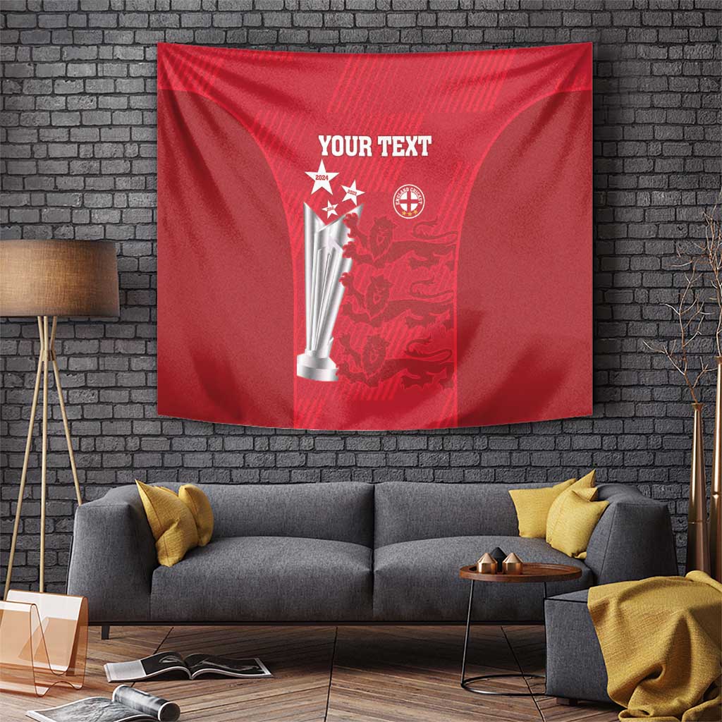 Red cricket tapestry with 'YOUR TEXT', trophy silhouette, and England crest
