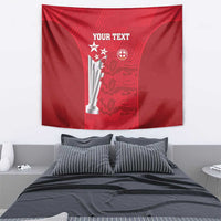 Red cricket wall tapestry with 'YOUR TEXT' and trophy crest artwork