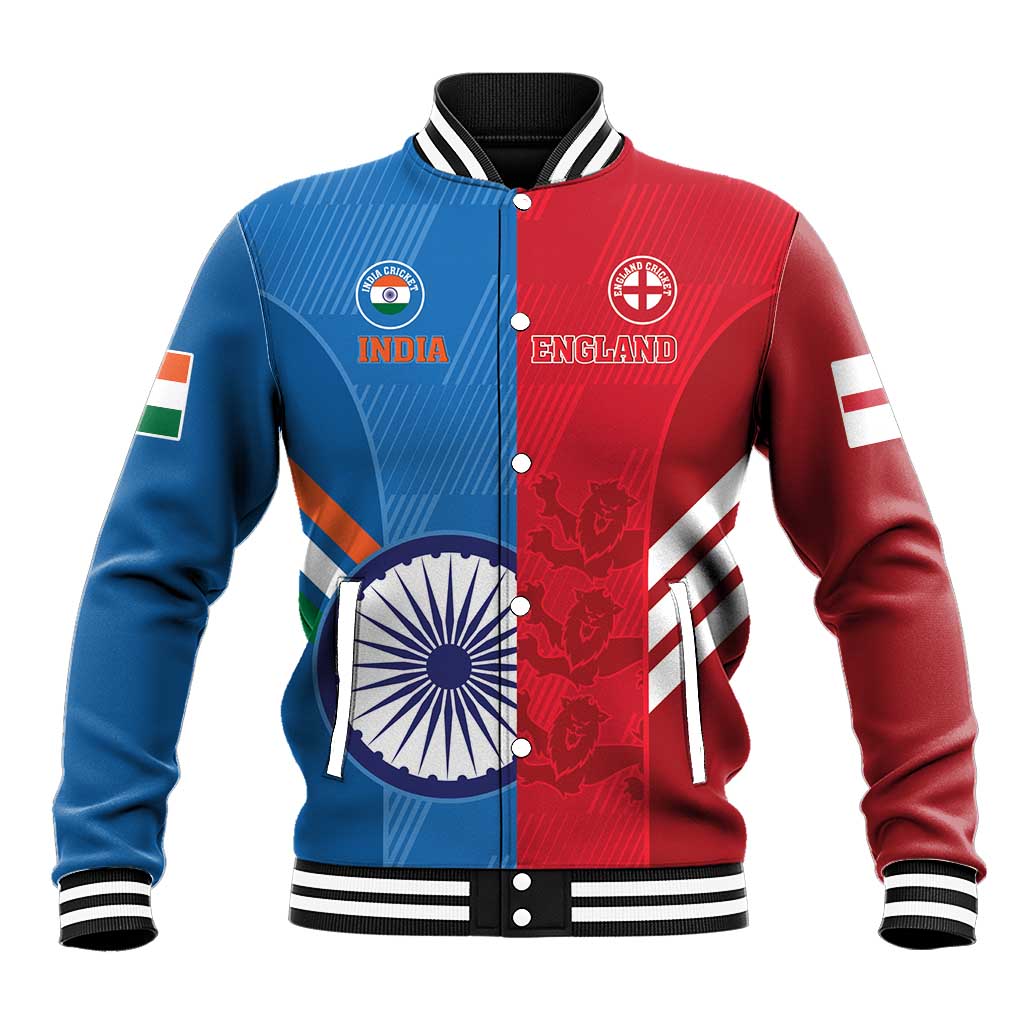 Blue and red cricket baseball varsity jacket with India and England team crests