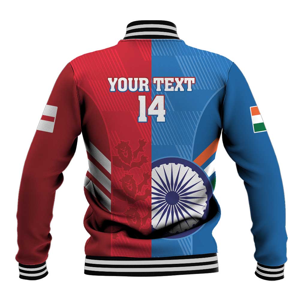 Blue and red varsity cricket jacket back with 'YOUR TEXT' and number 14, striped trim