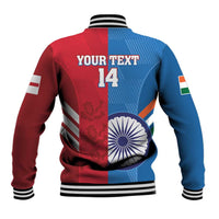 Blue and red varsity cricket jacket back with 'YOUR TEXT' and number 14, striped trim