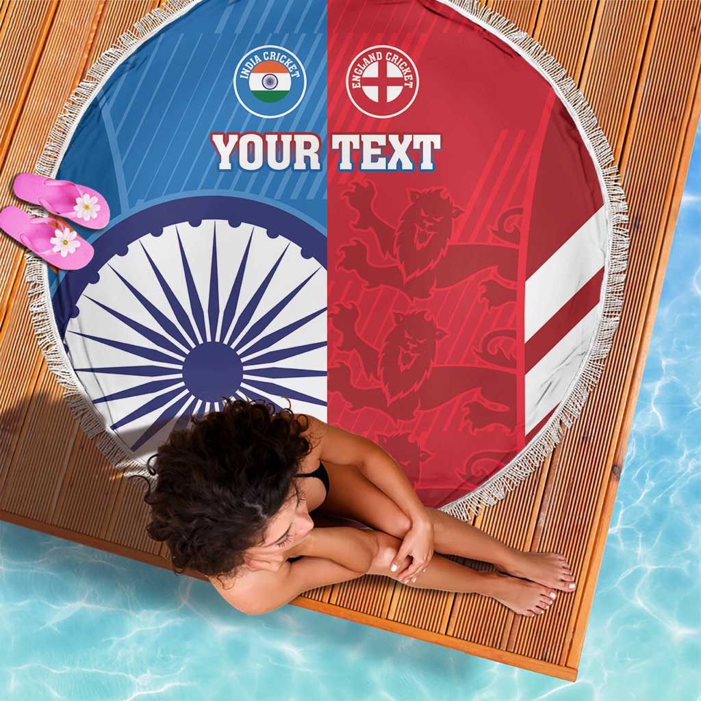 Round beach blanket with blue and red India–England flag halves, fringed border