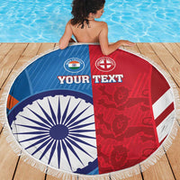 Round beach blanket with blue and red India–England flags and white fringe edge