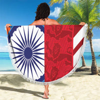 Round beach blanket featuring India and England flag halves with white fringe