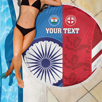 Round beach blanket with blue, red, and white India–England flag design, fringed edge