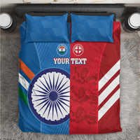 India–England cricket bedding set top view: blue/red duvet cover with two pillowcases.