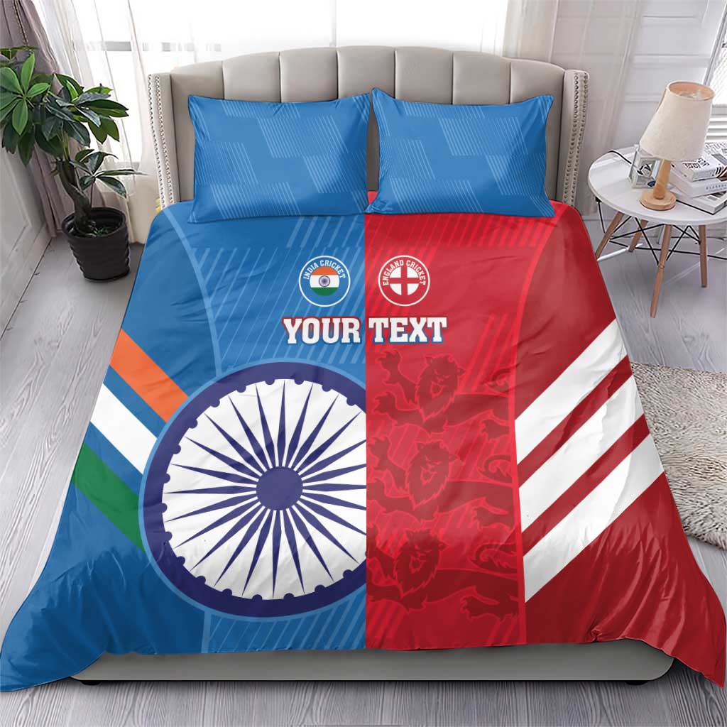 Blue, red, and white India–England cricket bedding set with two matching pillowcases.