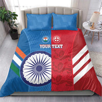 Blue, red, and white India–England cricket bedding set with two matching pillowcases.