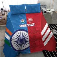 India–England cricket bedding set with two blue pillowcases and blue/red duvet cover.