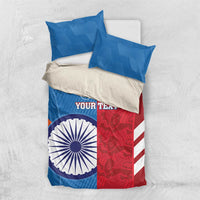 Blue and red cricket bedding set with two pillowcases and a coordinated duvet cover.