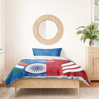Blue and red India–England cricket bedding set with a duvet cover and two pillowcases.