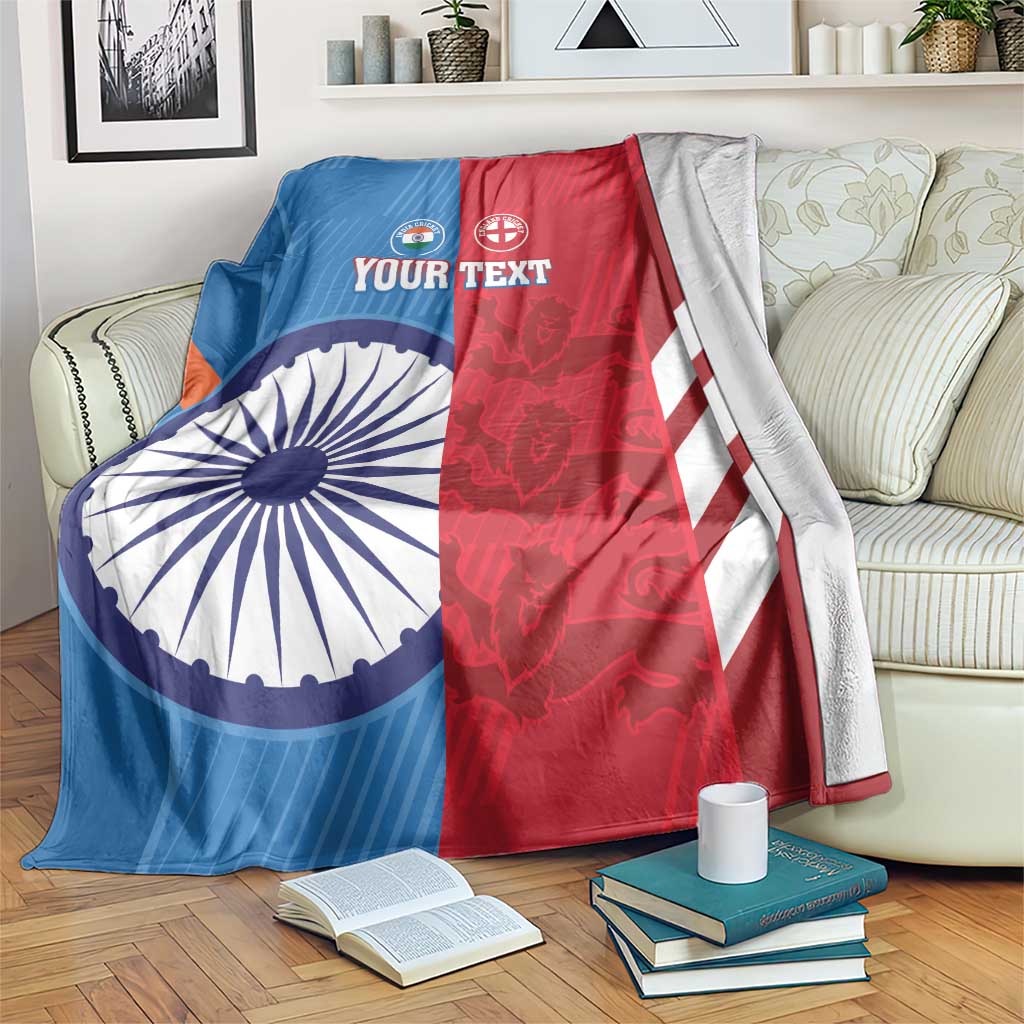 Blue, red, and white cricket blanket with India and England flags and circular emblem