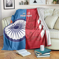 Blue, red, and white cricket blanket with India and England flags and circular emblem