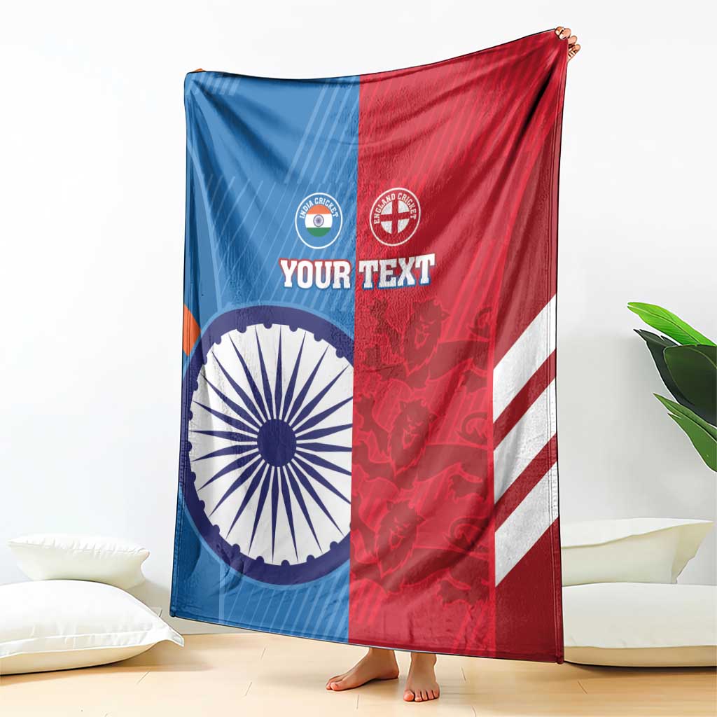 Blue, red, and white cricket blanket with India and England flag halves and bold text